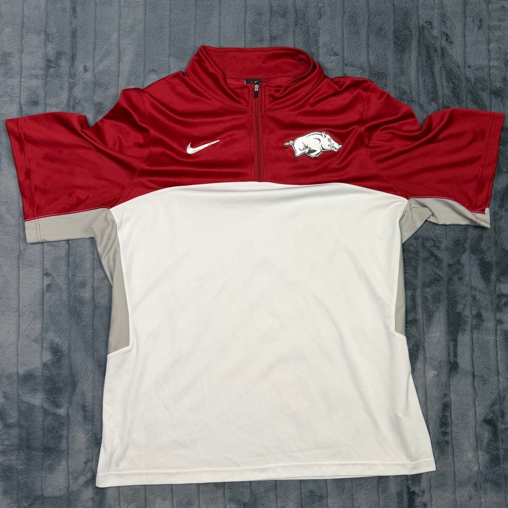 Nike Arkansas Razorbacks DriFIT Quarter Zip Short Sleeve Shirt Mens XL Red White